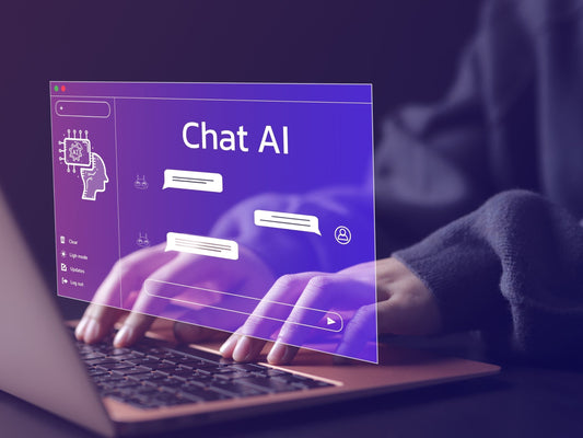 Person typing on laptop with AI chatbot interface projected on screen, symbolizing digital content creation with AI prompts.